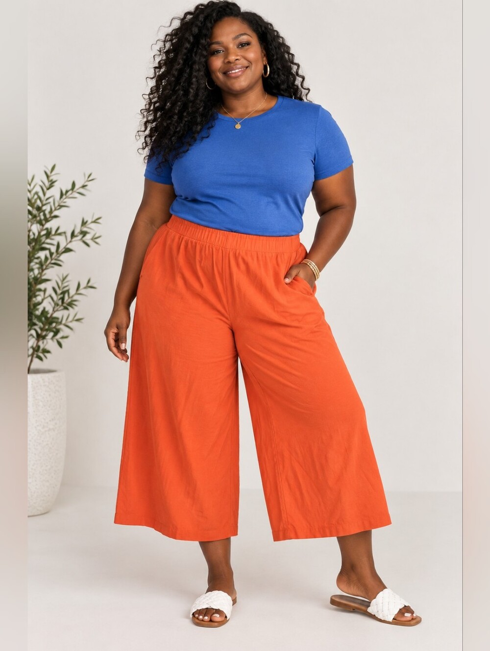 Cato Plus-Size 22/24: Wide Leg Cropped Gaucho Pants in Orange: Pull On